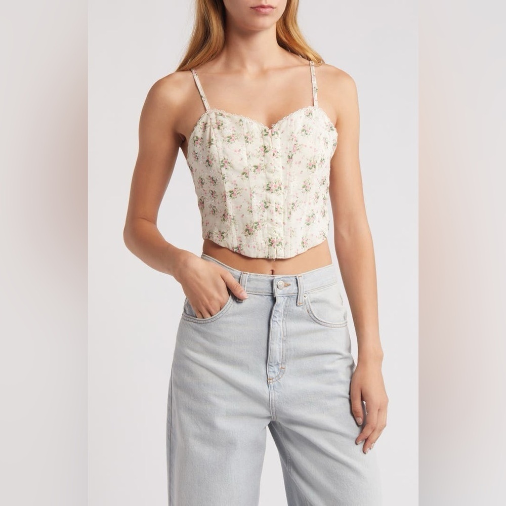 All in Favor Floral Corset Crop Camisole, Cream Pink Floral, Sizes L, XL, NWT
